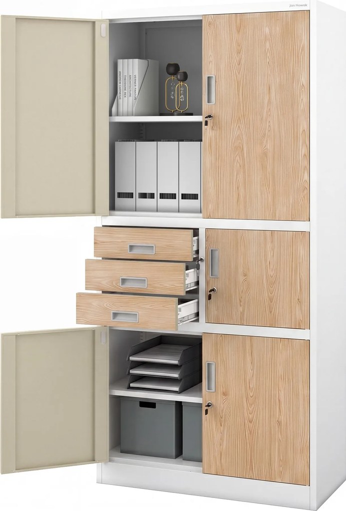 Biurowa szafa metalowa z sejfem biała / dąb sonoma: Eco Design FILIP II, 900 x 1850 x 400 mm