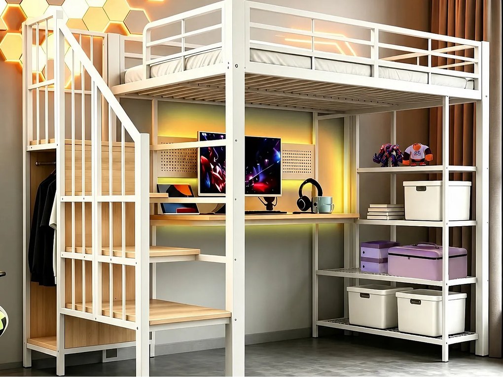 Łóżko piętrowe 90 x 200 cm - Z biurkiem - Z gniazdkiem elektrycznym - Z oświetleniem LED - Biały (bez materaca)
