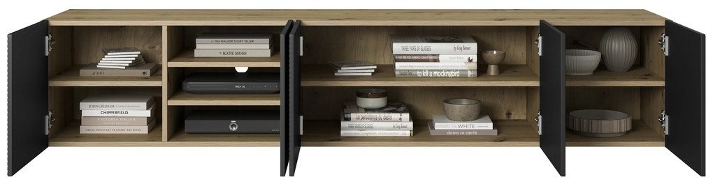 Szafka RTV wisząca Asha 200 cm z ryflowanym frontem - artisan / czarny mat