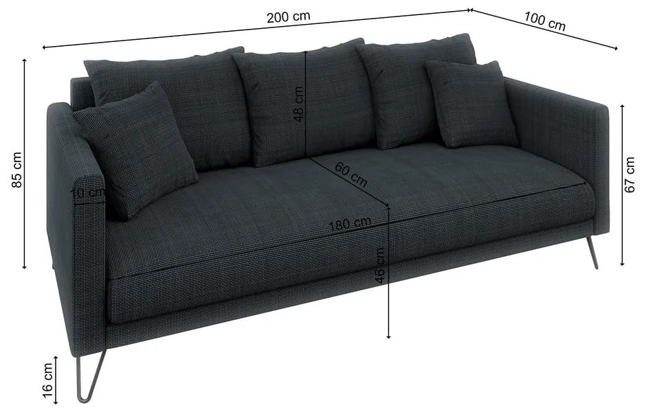 Ciemnoszara sofa z tkaniny szenilowej 200 cm Freya – Ropez