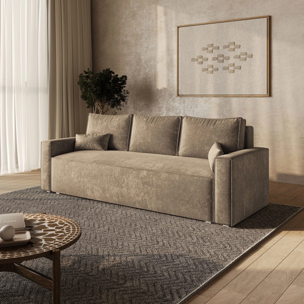 Masseno Sofa MENI z funkcją spania i pojemnikiem na pościel, Rozkładana sofa - Beżowy, LUMO 30