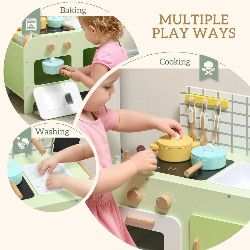AIYAPLAY zestaw kuchni dla dzieci, MDF, 15 akcesoriów, szafki, 40 cm, od 3 lat, zielony