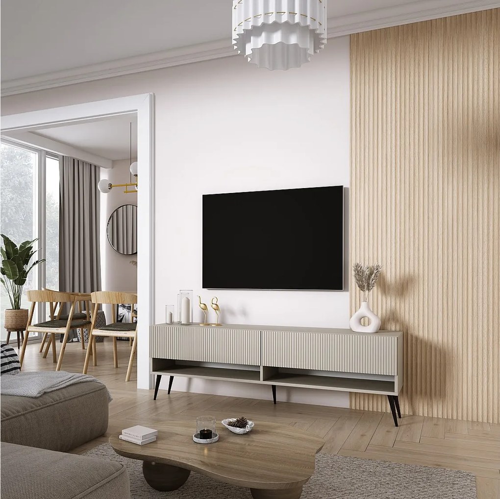 Szafka pod telewizor 170, fronty ryflowane, Kaszmir, nóżki pochyłe czarne, 170 × 32 × 52 cm
