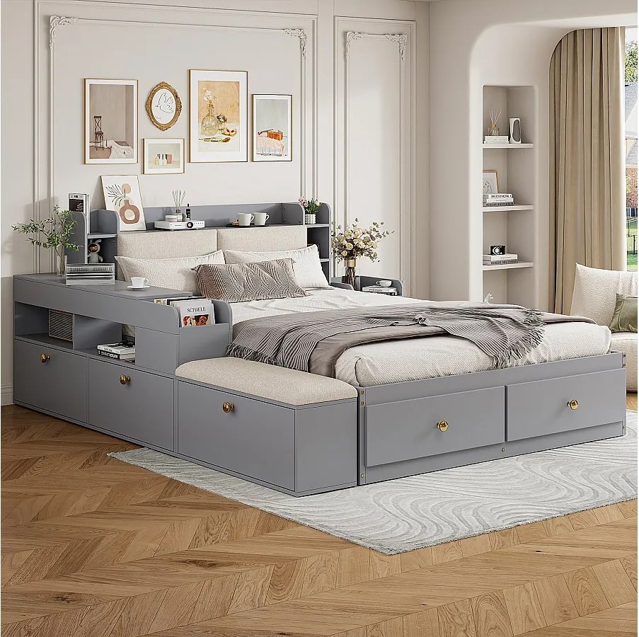 Łóżko kombinowane - 140 x 200 cm - Zagłówek + szuflady - ława-sofa - stolik nocny - drewno sosnowe + sklejka + MDF - Szary