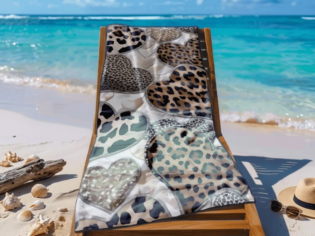 Ręcznik plażowy szybkoschnący LEOPARD HEARTS brązowo-biały 70 x 140 cm, 100% mikrofibra
