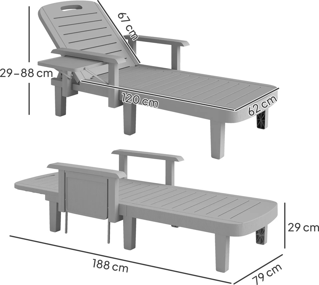 Outsunny Leżak ogrodowy z bocznym stolikiem, wygląd drewna, leżak z 5-stopniową regulacją oparcia, jasnoszary | Aosom PL