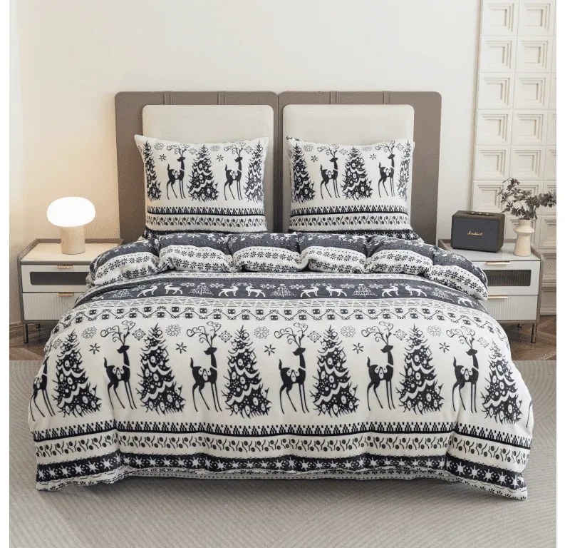 PrzytulneMieszkanie.pl PrzytulneMieszkanie.pl PrzytulneMieszkanie.pl Zestaw 2 szt. pościeli z mikropluszu WINTER DEER szare + prześcieradło z mikropluszu SOFT 180x200 cm białe, podwójne łóżko