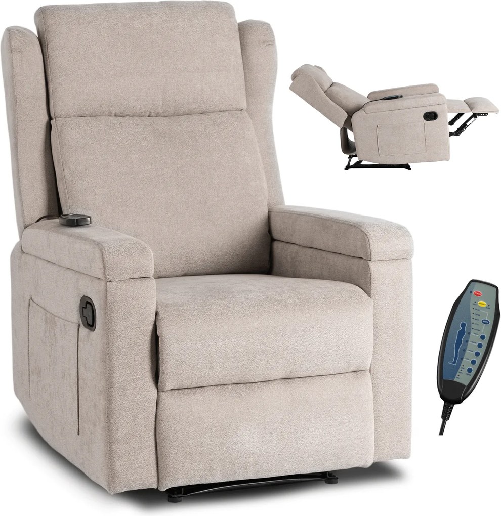 Fotel Masujący SEBASTIAN Rozkładany Wypoczynkowy z Podnóżkiem Beżowy Nowoczesny