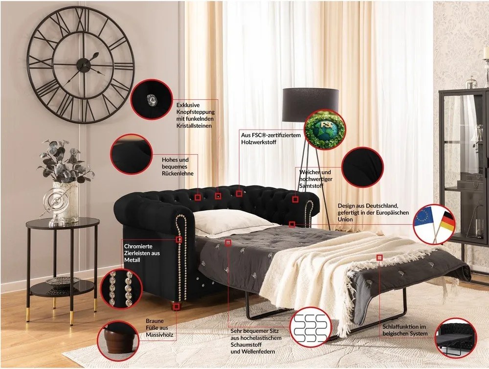 Czarna aksamitna rozkładana sofa 148 cm York Blik – Ropez