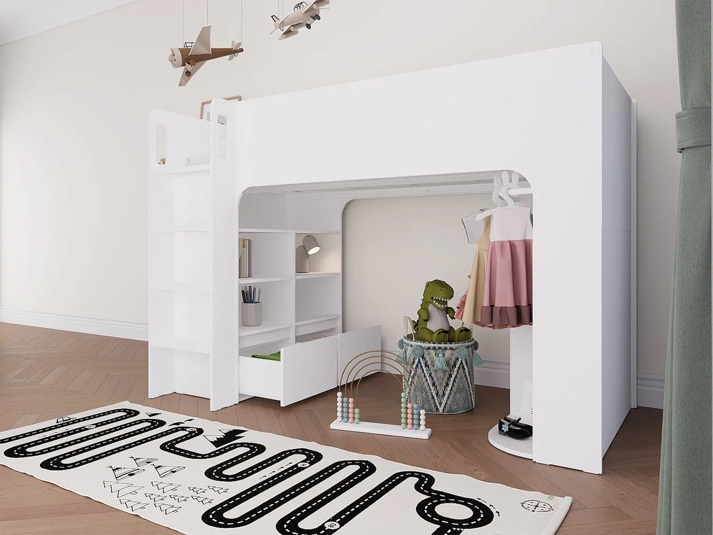 Łóżko antresola 90 x 190 cm  ze skrzynią i - Biały - COLUMI