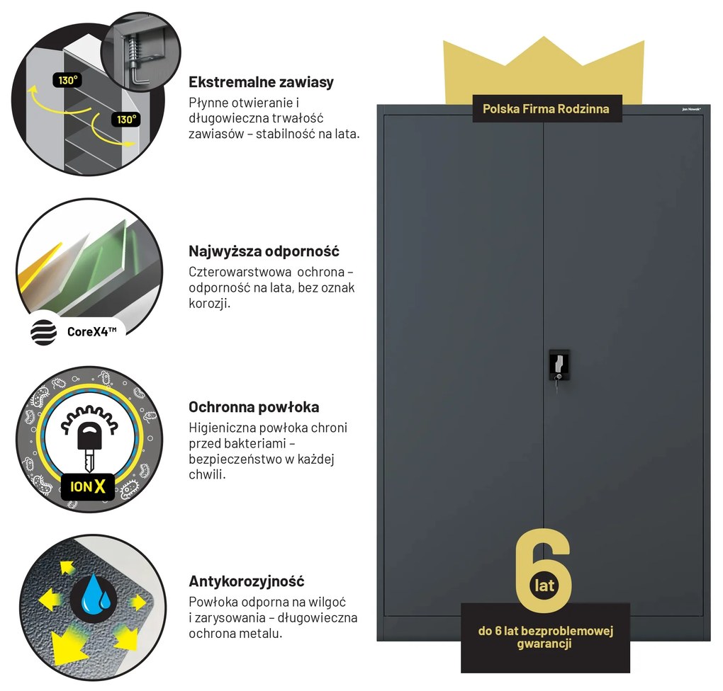 Szafa biurowa metalowa na akta antracytowa JAN II, 1150 x 1850 x 400 mm