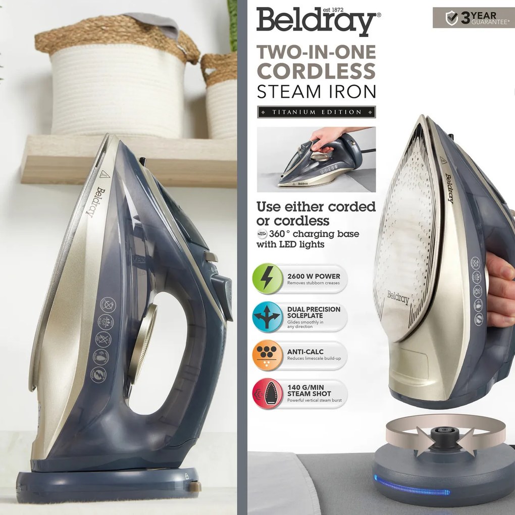 Żelazko parowe bezprzewodowe 2600 W Beldray, 140 g/min