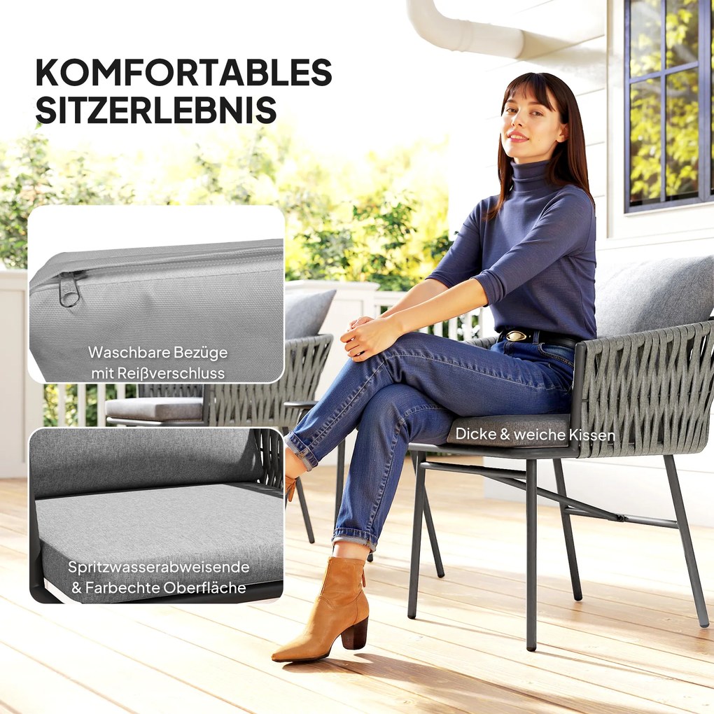 Outsunny 3-częściowy Zestaw Mebli Ogrodowych, 2 Krzesła, 1 Stół, Zestaw Bistro, Sztuczny Rattan, Rama Stalowa, Stół Metalowy, 4 Poduszki, Szary