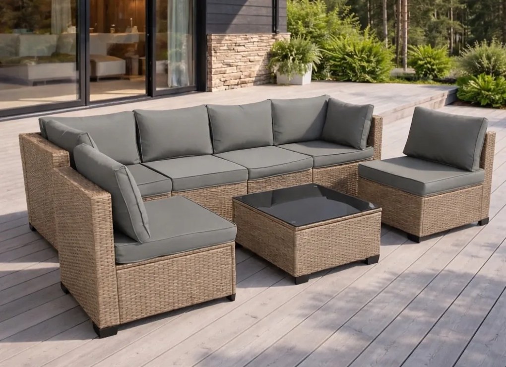 Modułowy narożnik ogrodowy Caldoro XL2501 technorattan, naturalny, poduszki szare