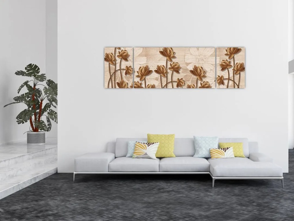 Obraz abstrakcji kwiatowej - brązowy (170x50 cm)