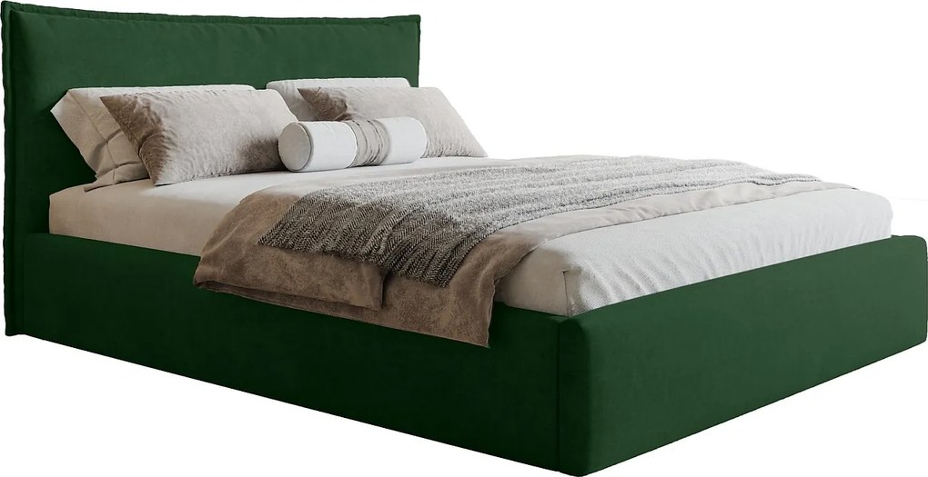 Łóżko z pojemnikiem 140x200 Zenito Slim - stelaż metalowy, zagłowie-poduszka - zielony (Amor Velvet 4311)
