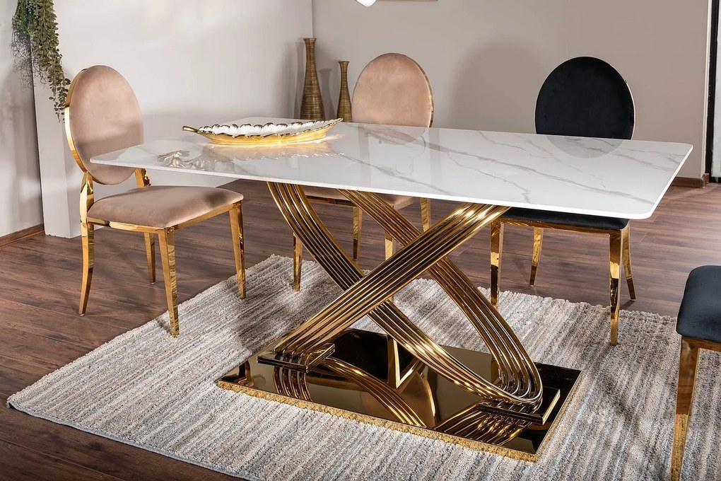 Stół glamour z ceramicznym blatem i złotą podstawą Hermes