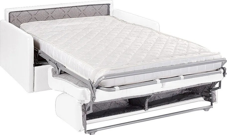 Kanapa 3-osobowa rozkładana typu express z białej ekoskóry z siedziskiem z pianki z pamięcią kształtu - Powierzchnia spania 140 cm - Materac 14 cm CALIFE