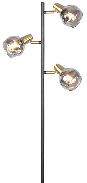 Lampa podłogowa art deco czarna i złota z przydymionym szkłem 3-punktowa - Vidro ArtDeco Oswietlenie wewnetrzne