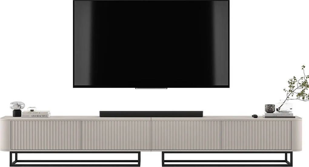 Szafka RTV 4-drzwiowa, fronty ryflowane, kaszmir mat, czarne metalowe nogi, 280 cm - AURORA