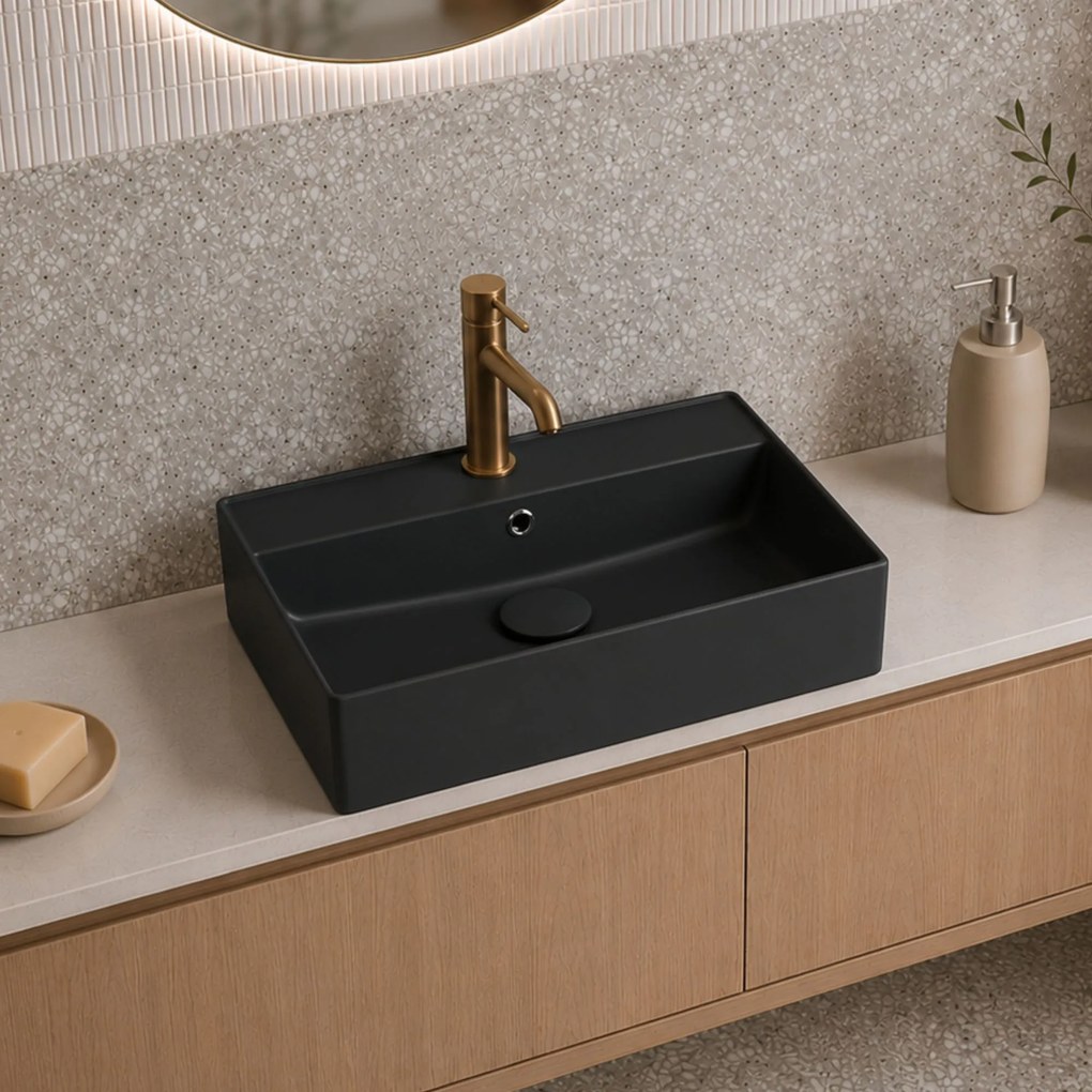Massi Umywalka ceramiczna nablatowa / wisząca czarna z otworem na baterie 55x45 cm LERA Black