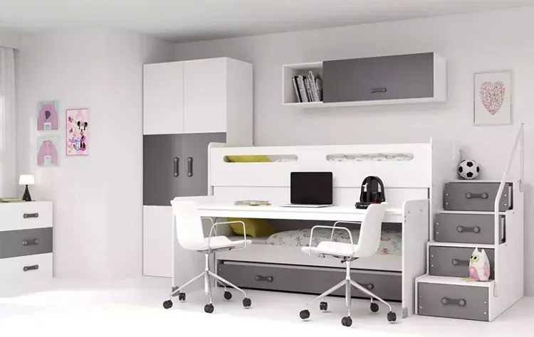 Biało-grafitowe piętrowe łóżko z biurkiem i wysuwaną szufladą Z8-F32