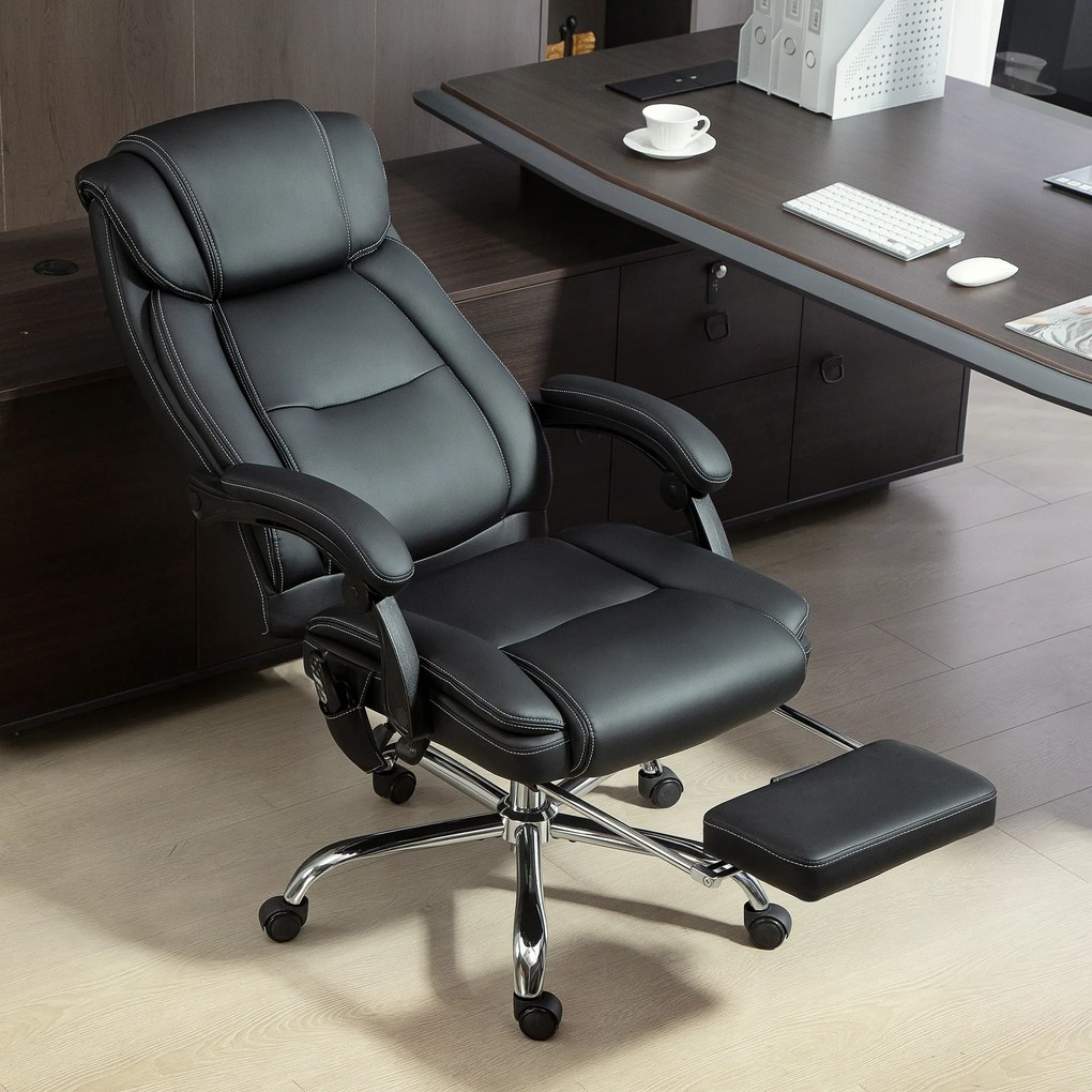 HOMCOM Fotel Biurowy Ergonomiczny z Funkcją Masażu, Podnóżkiem, Czarny Skórzany | Aosom PL