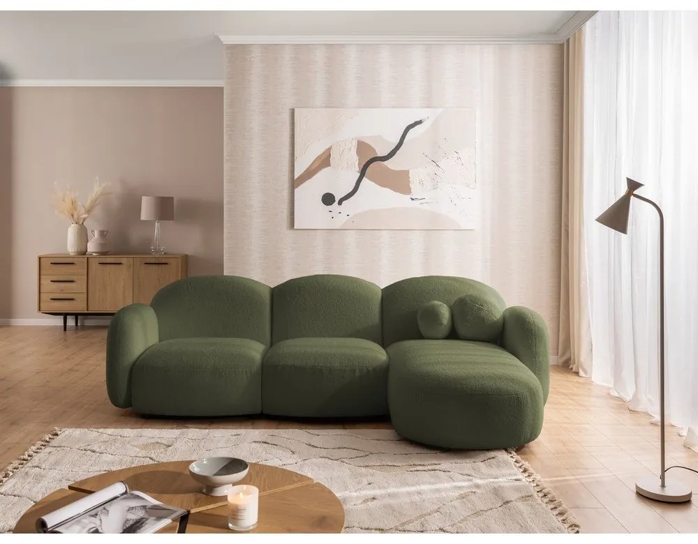 Zielony narożnik z materiału bouclé (prawostronny/z szezlongiem) Orbit – Ropez