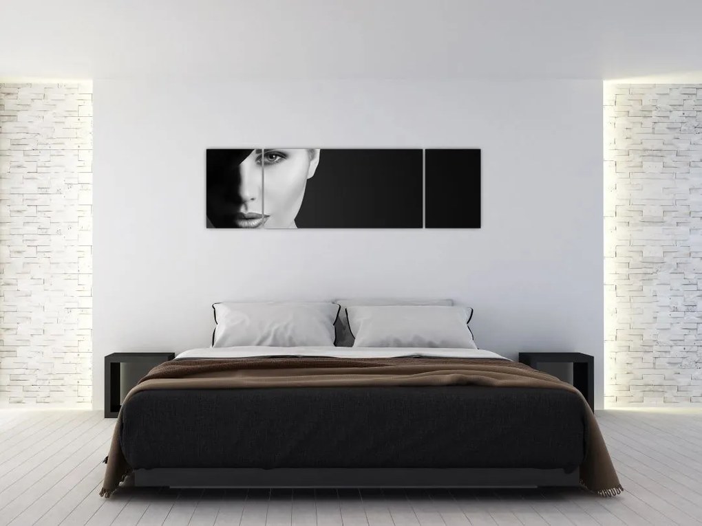 Obraz - Czarno - biały portret kobiety w kapeluszu (170x50 cm)