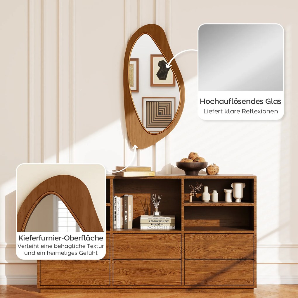 HOMCOM Lustro ścienne Lustro w stylu okna z ramą z forniru sosnowego do sypialni i salonu, 91,5 x 45 x 3 cm, naturalne drewno | Aosom PL