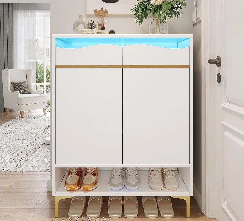 Nowoczesna szafka na buty 80x35x105 cm - z LED - 2 szuflady i 2 drzwi - biały
