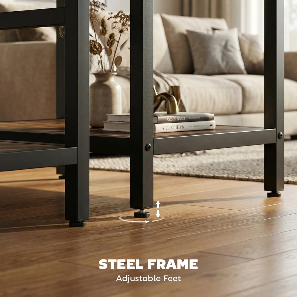 HOMCOM Zestaw stolików kawowych, 2-częściowy, stolik prostokątny i okrągły z 2-poziomowym miejscem do przechowywania, rustykalny brąz | Aosom PL