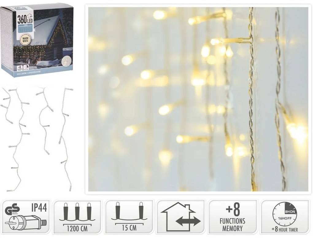 Łańcuch zewnętrzny Sople 12 m, 360 diod LED, ciepła biała, timer, IP44