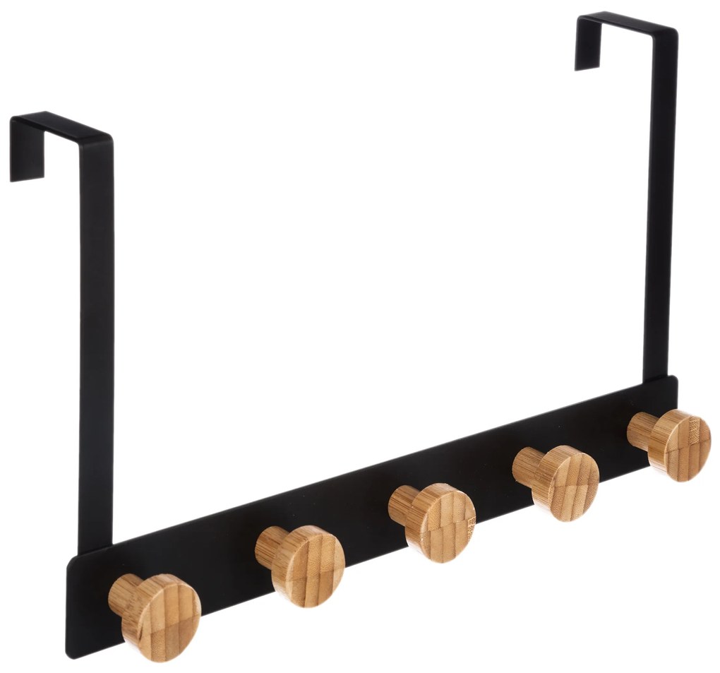 Metalowy wieszak na drzwi z 5 drewnianymi haczykami, 33 cm