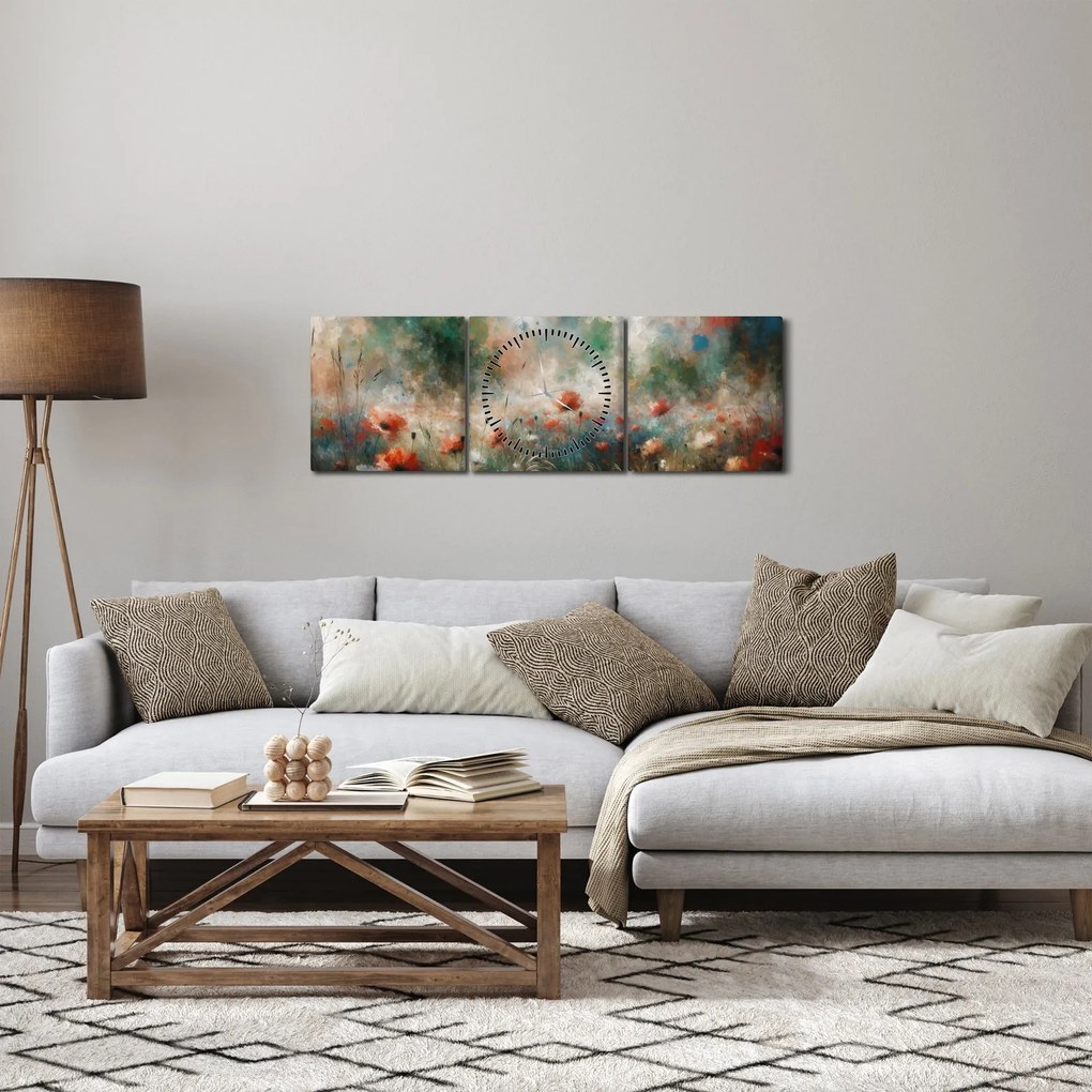 Obraz – Abstrakcja pola z makami (z zegarem) (90x30 cm)
