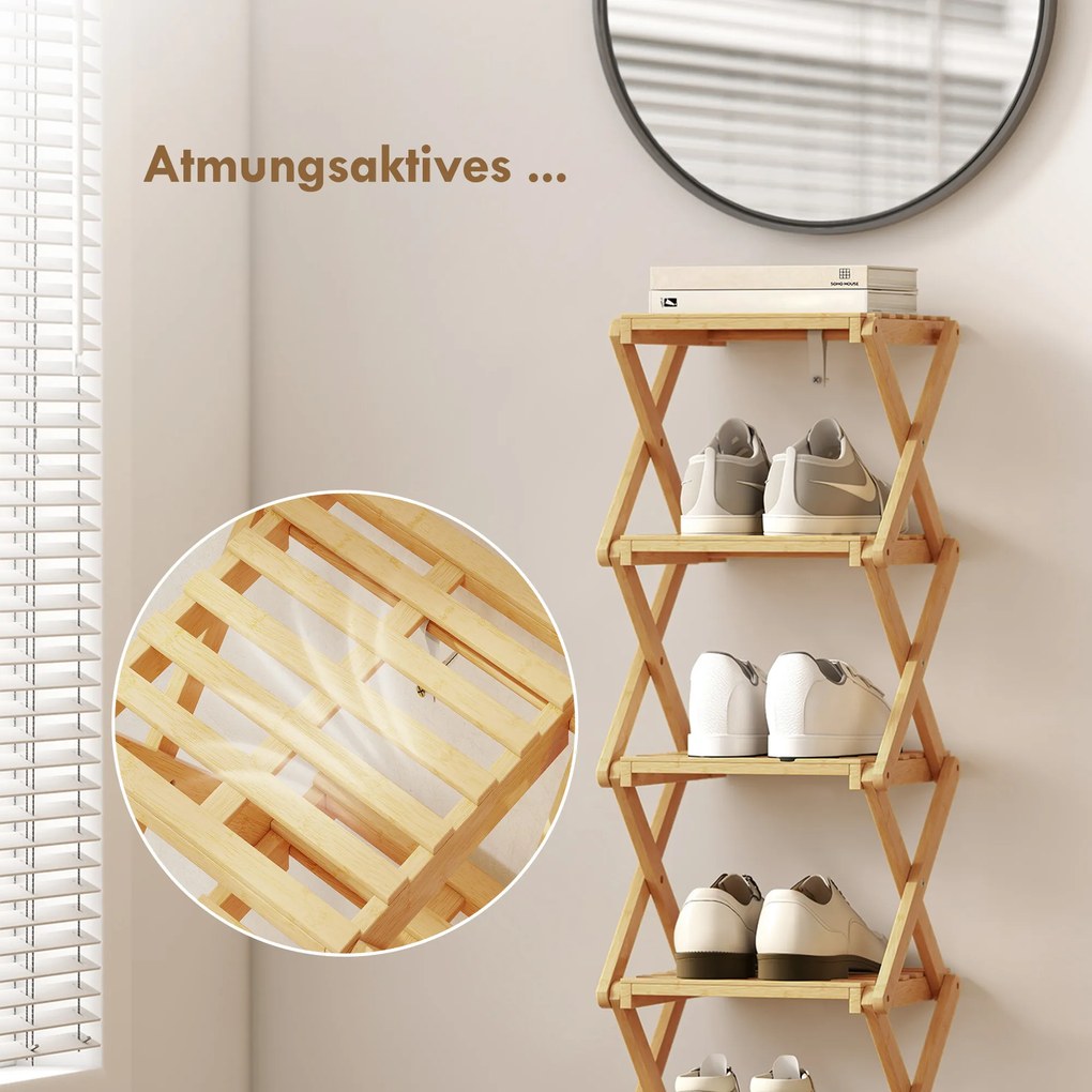 HOMCOM Regał na buty, składany stojak z 6 poziomami z bambusa, dla maks. 9 par butów, 30 x 29 x 108 cm, naturalny | Aosom PL