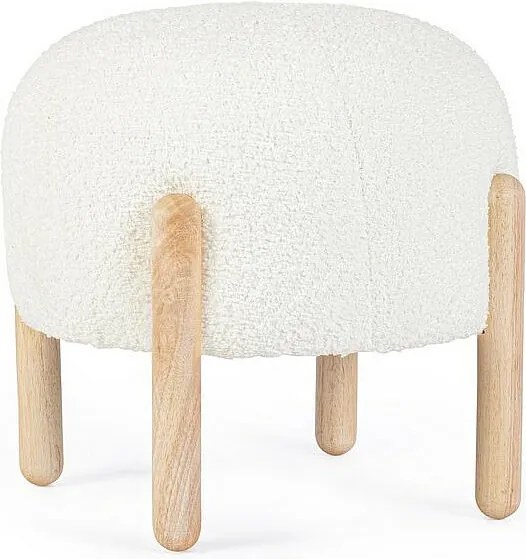 Pufa z białej tkaniny z efektem Bouclé i nóżkami z drewna kauczukowego - DAYLA