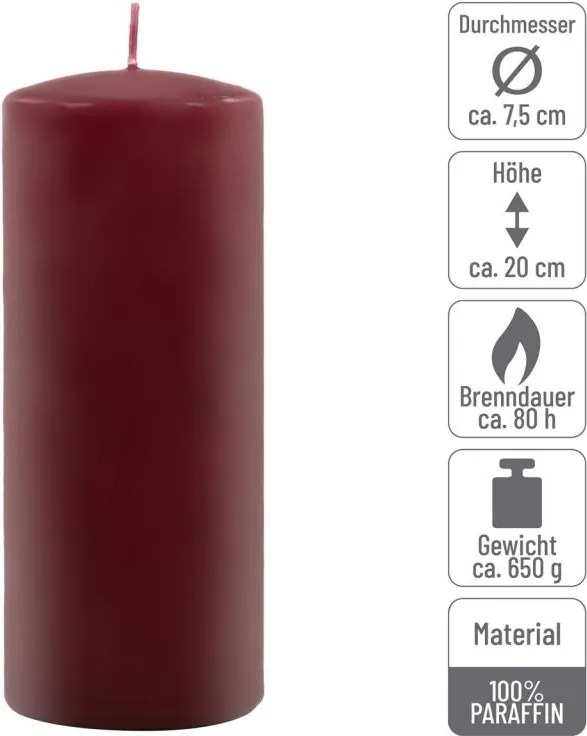 Zestaw świec słupkowych 20 cm Ø 7,5 cm, bordowy, 2 szt.