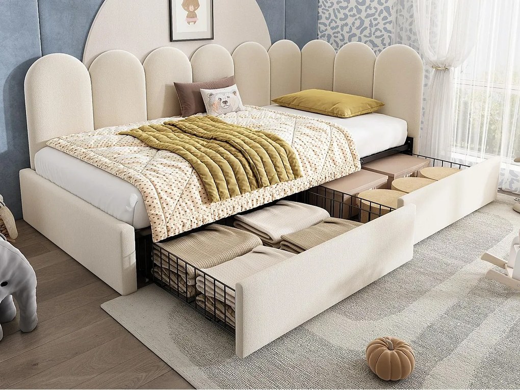 Rozkładana sofa 90x200 cm - z 2 szufladami - tkanina welurowa - z stelażem lamelowym - Beżowy​ (bez materaca)