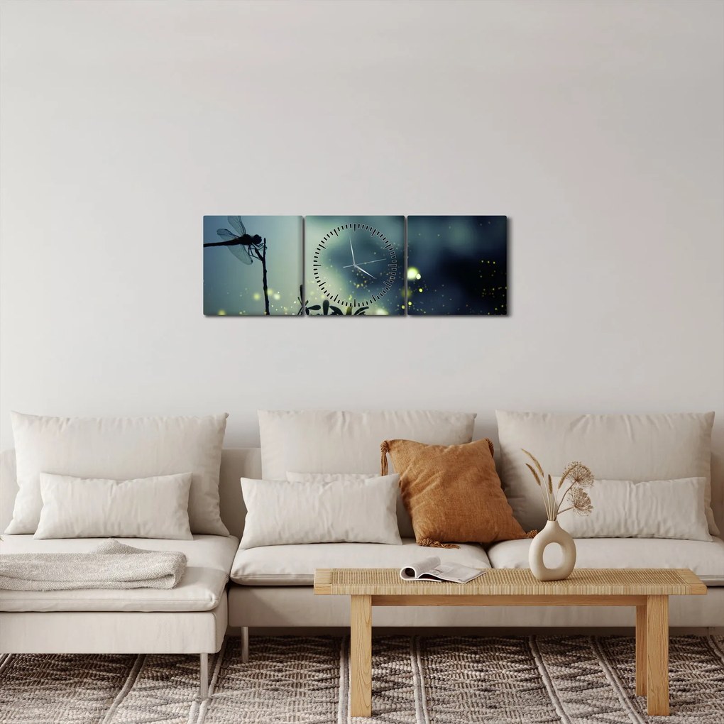 Obraz - Ważka w błyszczącej nocy (z zegarem) (90x30 cm)