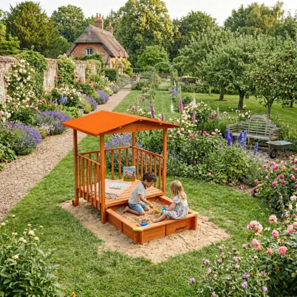 Piaskownica z werandą SUNNY, 130x130x143cm, brązowa/pomarańczowa Jurhan
