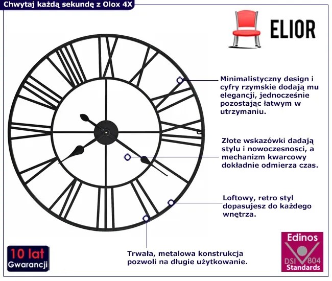 Loftowy czarny zegar ścienny 80 cm - Olox 4X