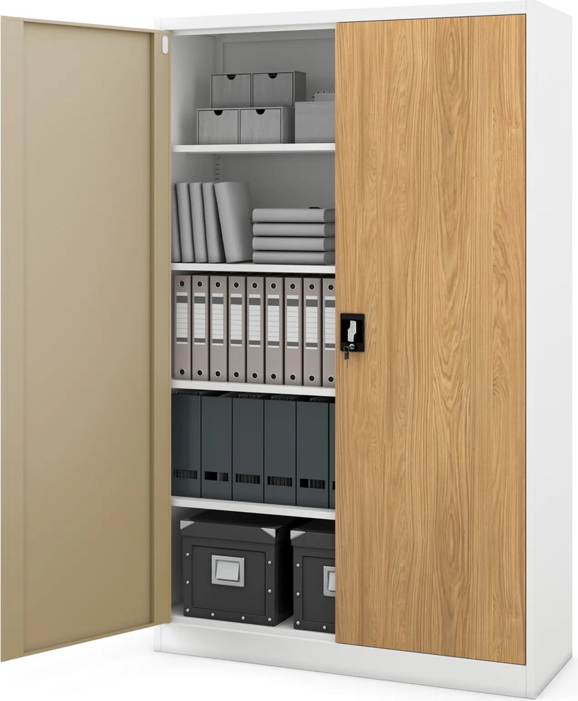 Szafa biurowa na akta szeroka Eco Design Jan II 115x40x185 cm, biały/dąb złoty