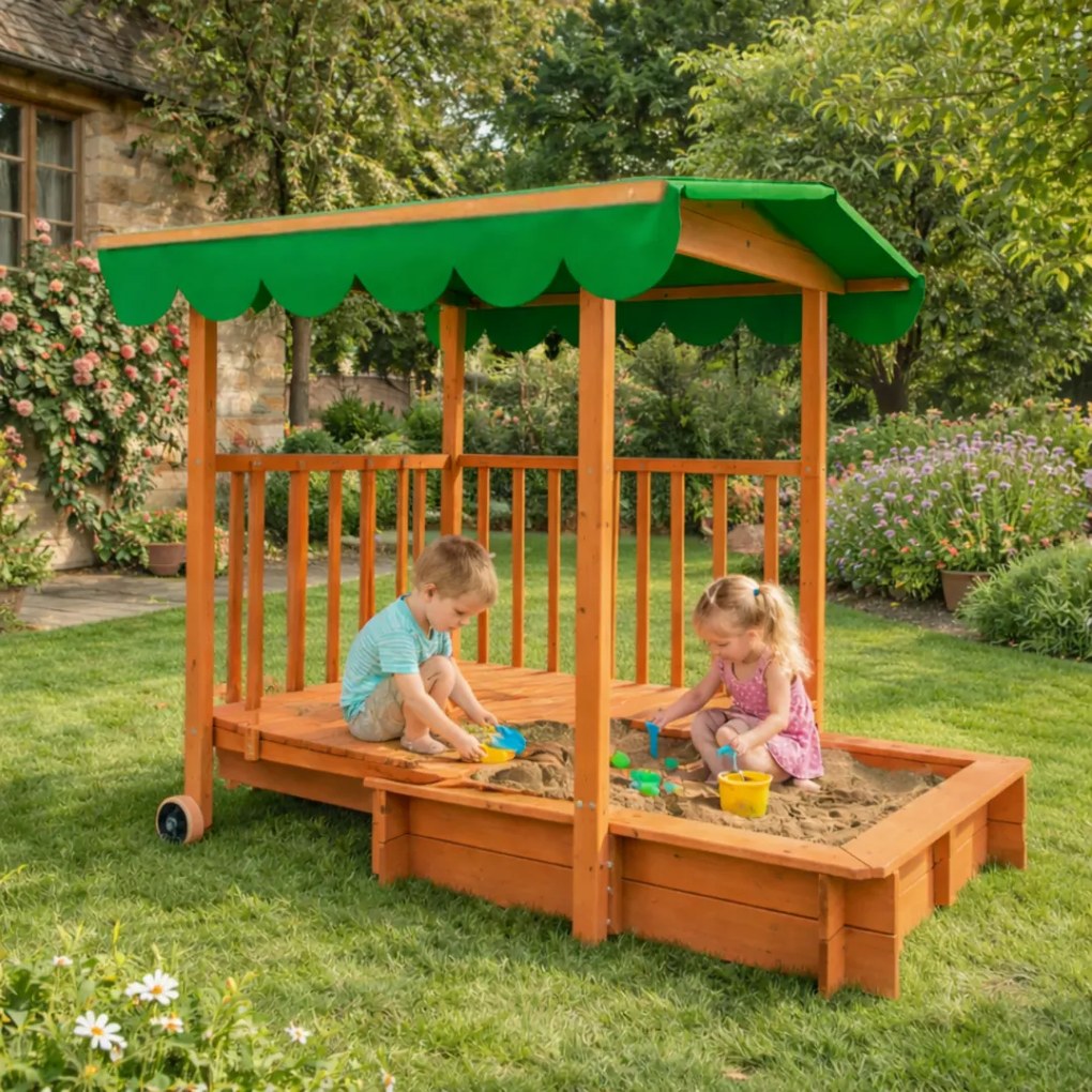Piaskownica z werandą HAPPY, 130x130x143cm, brązowa/zielona Jurhan