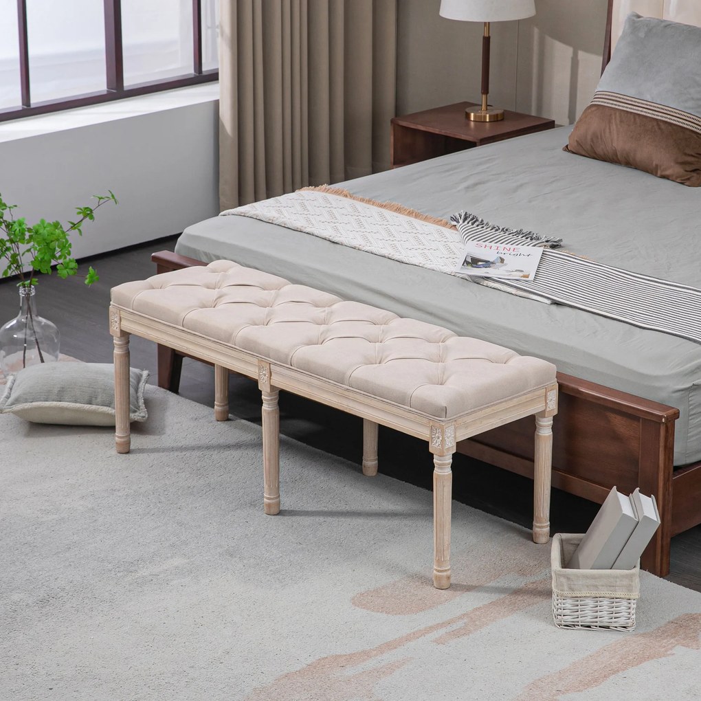 HOMCOM Pufa Tapicerowana Vintage 117x40x48cm Beżowa z Guzikami Wykończenie Lniane Wytrzymała do 120kg do Sypialni | Aosom PL