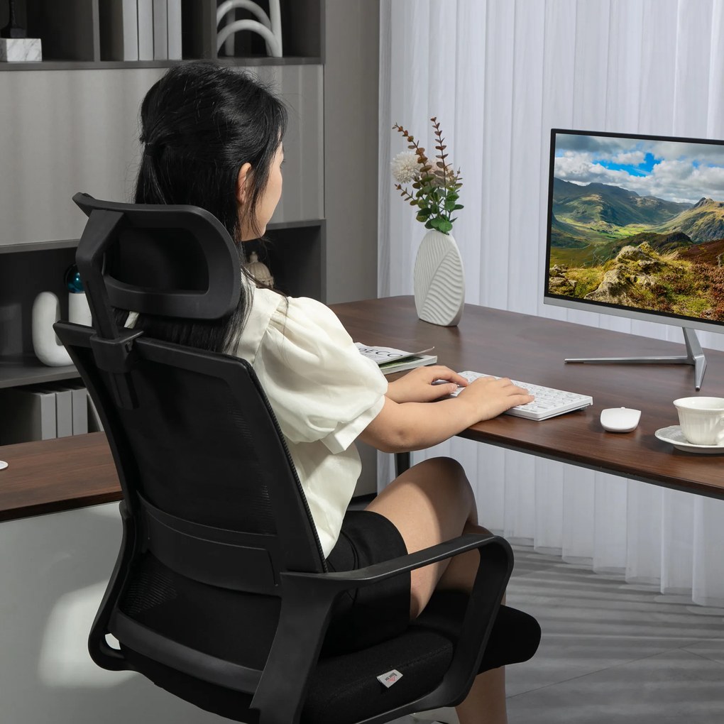 HOMCOM Fotel Biurowy, Regulowany Fotel z Podpórką Głowy, Obrotowe Krzesło do Home Office, Czarny