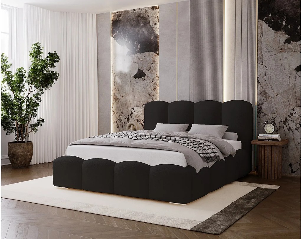 BESILIO Łóżko tapicerowane 180x200 Fluffy – łóżko chmurka boucle, z pojemnikiem na pościel i stelażem, gruba pianka, nowoczesne łóżko do sypialni – Czarny