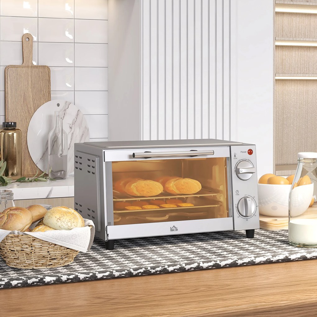 HOMCOM Minipiekarnik 9L, Mini piekarnik z blachą, rusztem, regulowaną temperaturą i czasem pieczenia, stal nierdzewna, srebrny