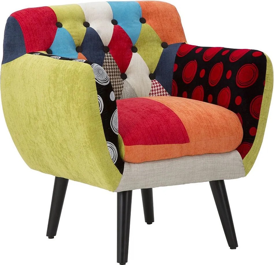 Fotel Imperial z drewna i tkaniny patchworkowej, styl industrialny, 71x63x78 cm, ergonomiczne siedzisko – Akcesoria meblowe