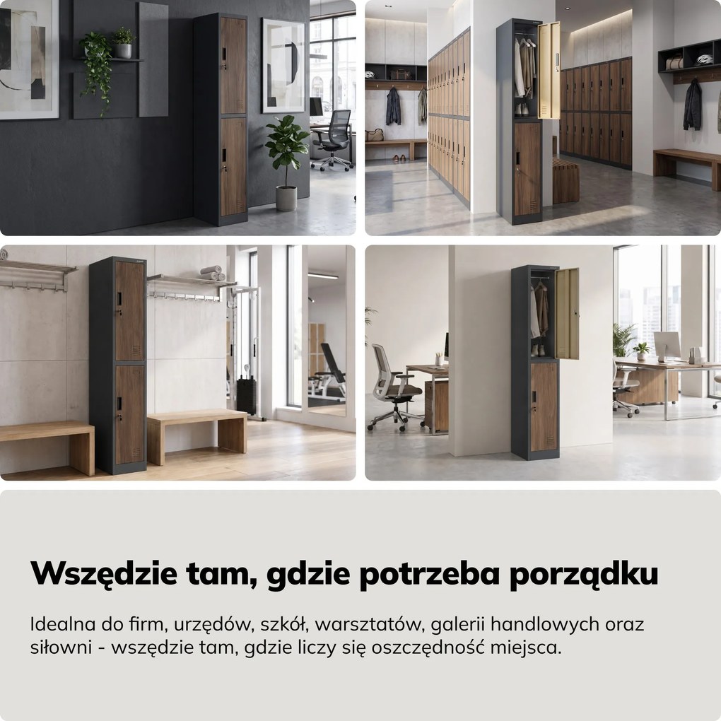 Szafka BHP ubraniowa, pracownicza, pojedyncza, 2 skrytki z drążkiem, antracytowa/orzech, 316,5x1850x450 mm: IGOR 1 Plus Eco Design